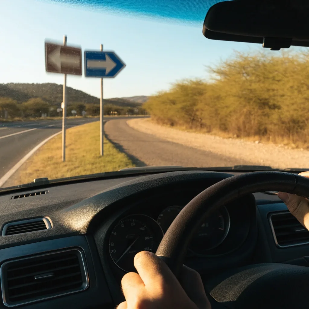 Șofer la o intersecție rurală din Oman, cu indicatoare rutiere în fundal