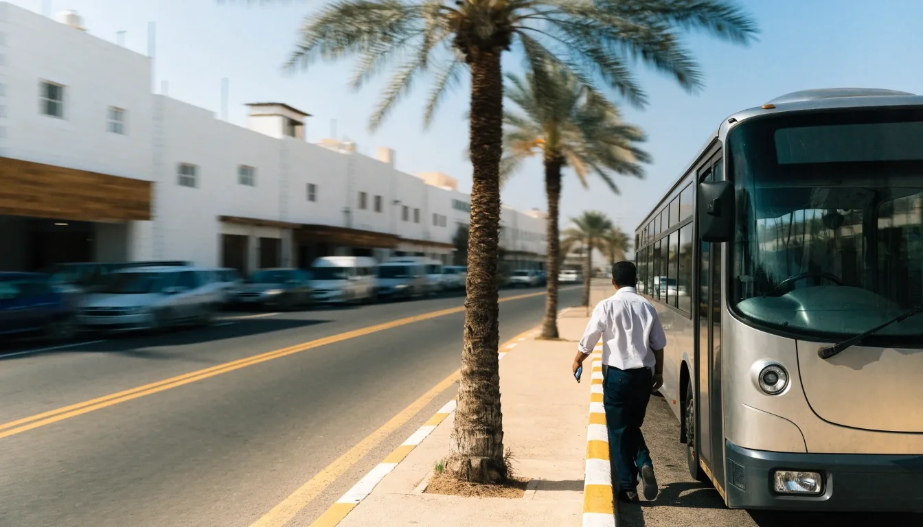 Stradă urbană din Muscat cu autobuz public și șofer pe trotuar