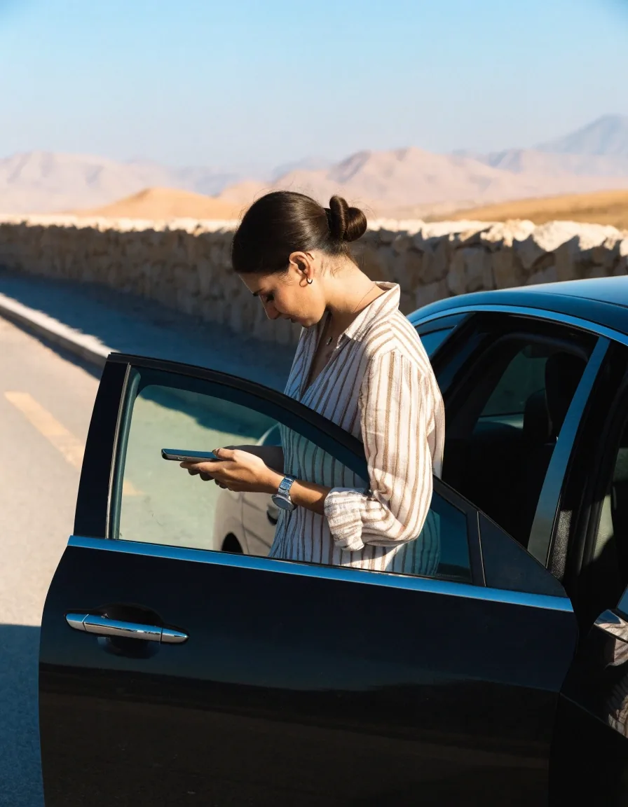 Șofer consultând aplicația de navigație pe telefon înainte de a porni la drum în Oman