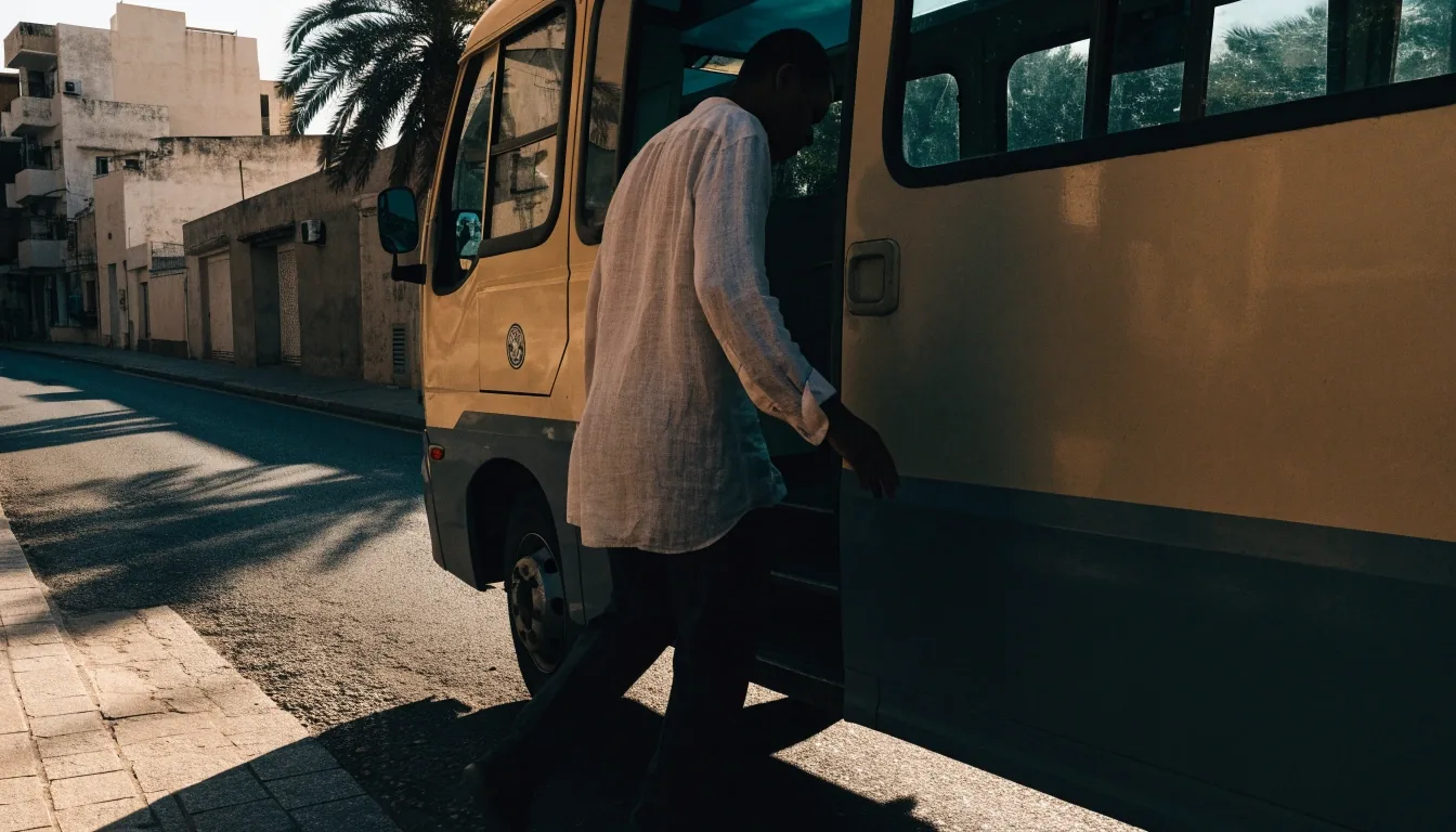 Pasager coborând din transportul public pe o stradă îngustă de cartier în Muscat, la lumina după-amiezii