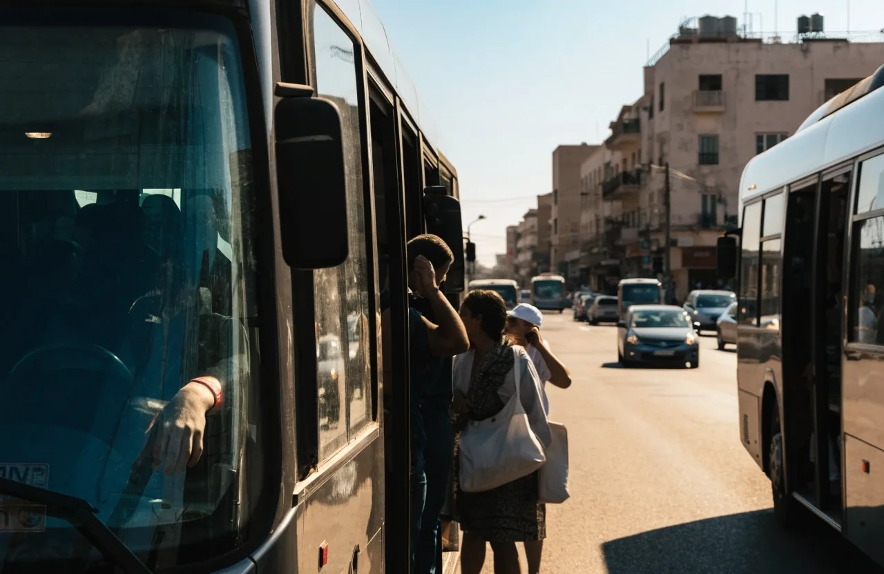 Autobuz urban oprind la o stație din Muscat, lângă o mașină care așteaptă în banda alăturată